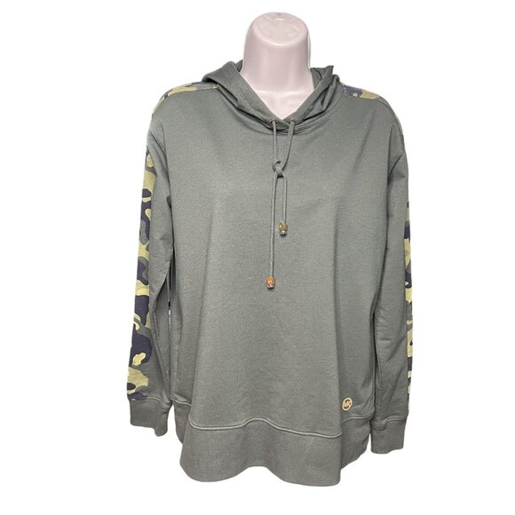 Michael Kors Womens Hoodie Sweatshirt Army Green Camouflage Sleeves Size S u - Picture 1 of 13